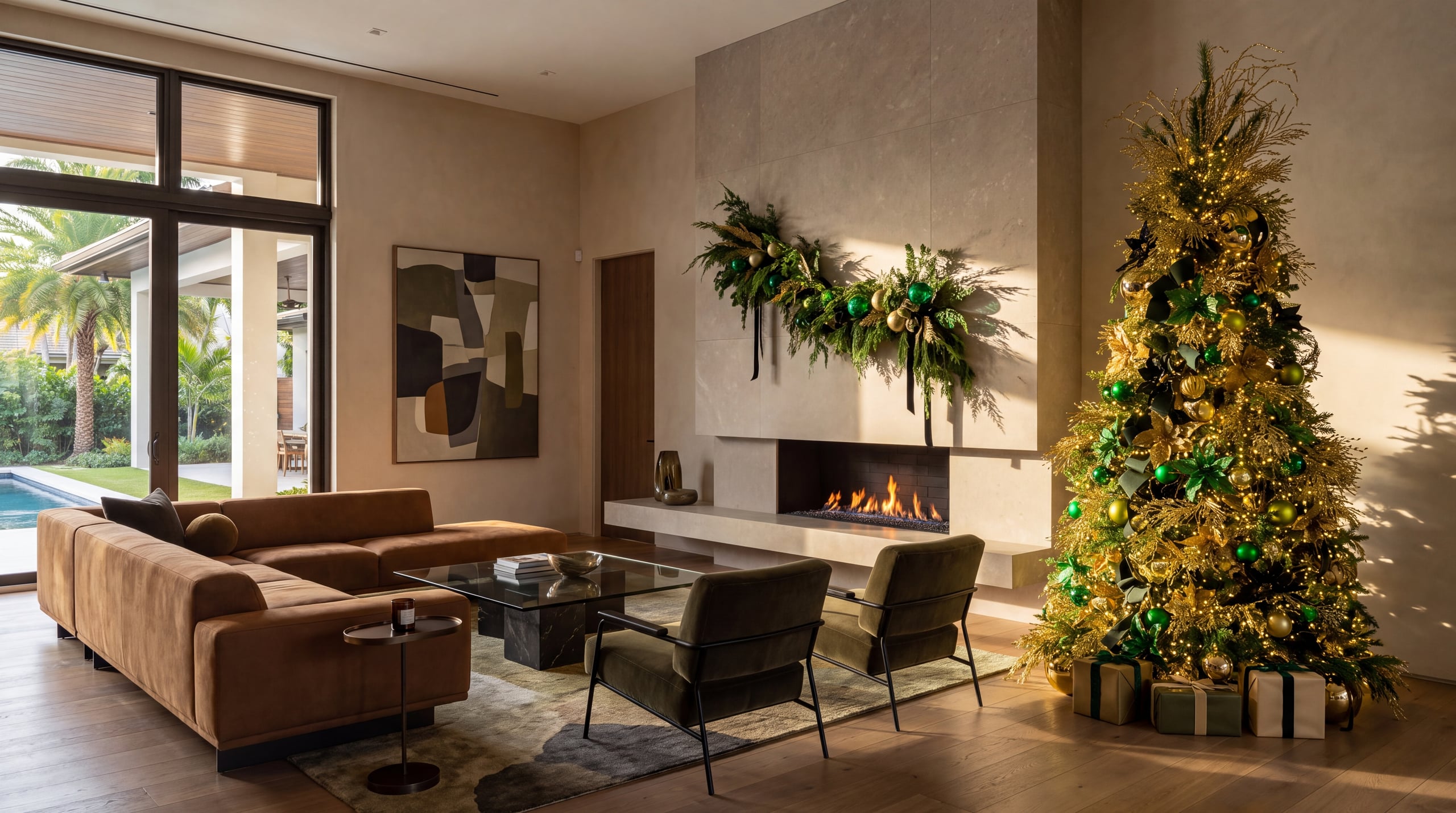 The Green Gold tree beside a lit fireplace, garland in the same palette above it
