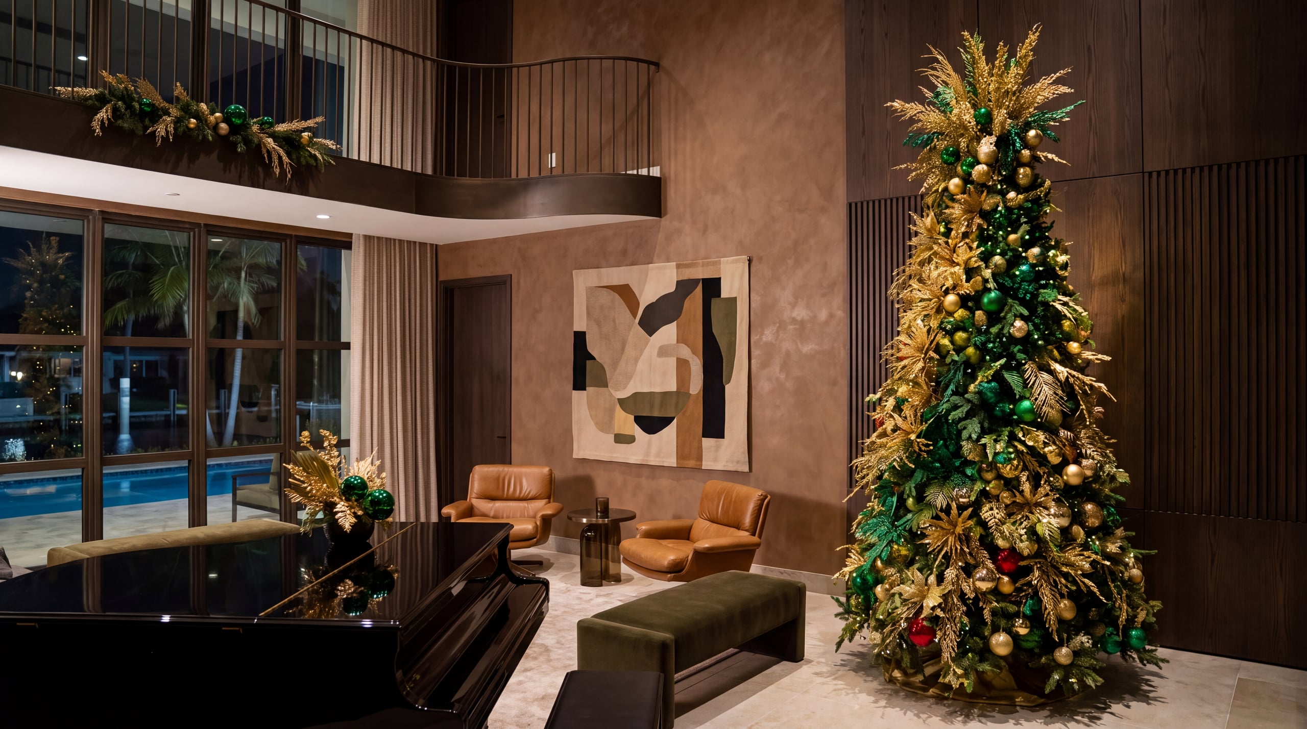 The Green Gold tree in a double-height room, gold glitter leaf and green baubles