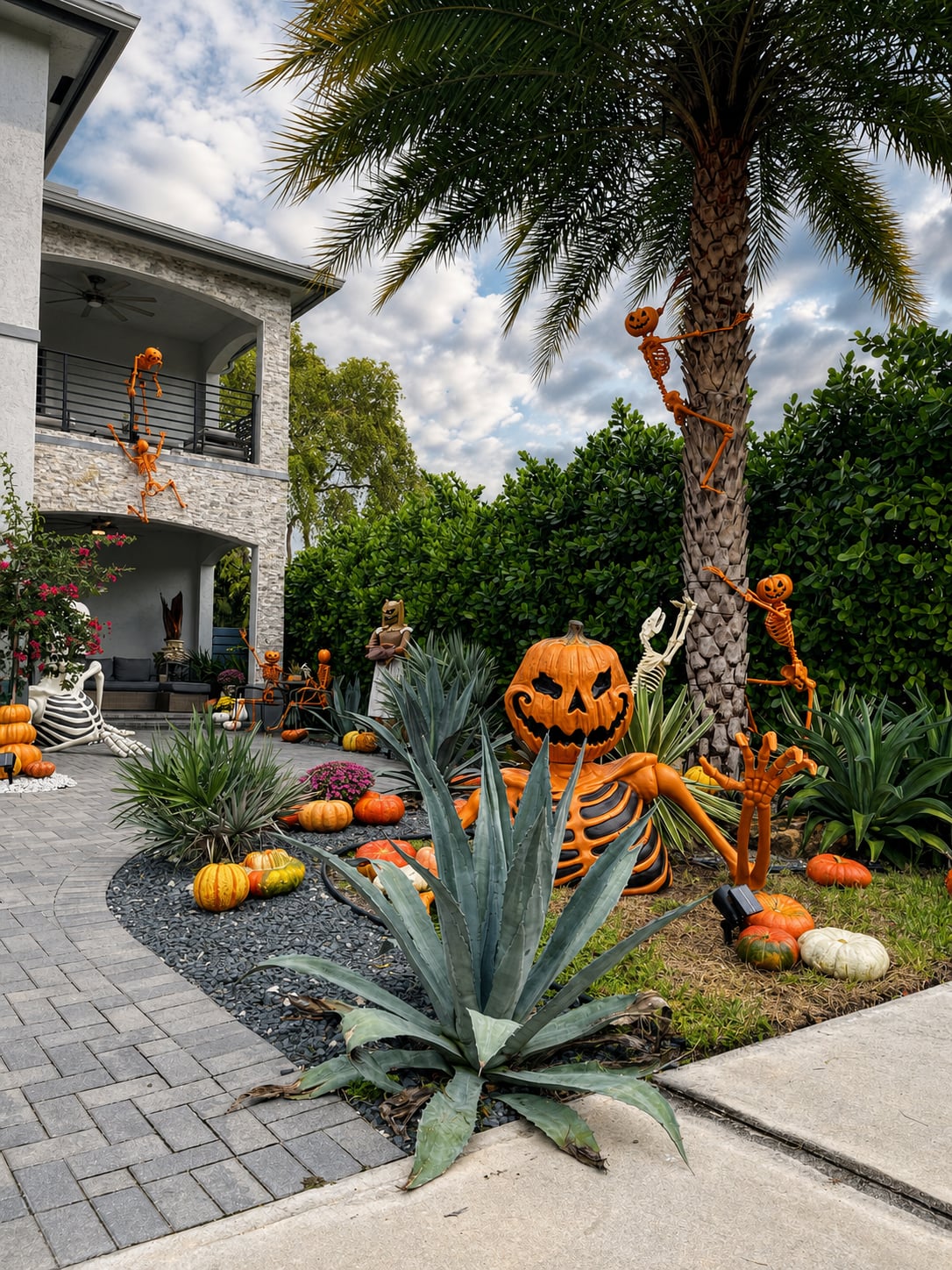 Giant carved pumpkins and skeletons among the garden planting