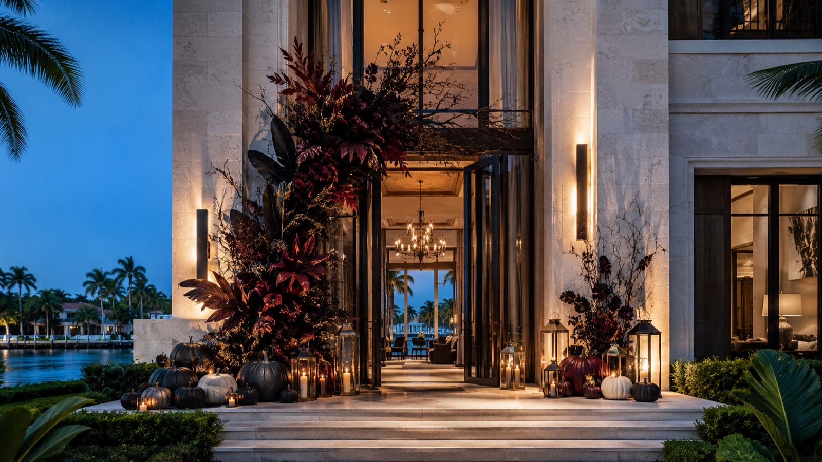 A waterfront entrance styled for Halloween — dark florals, lanterns, and pumpkins