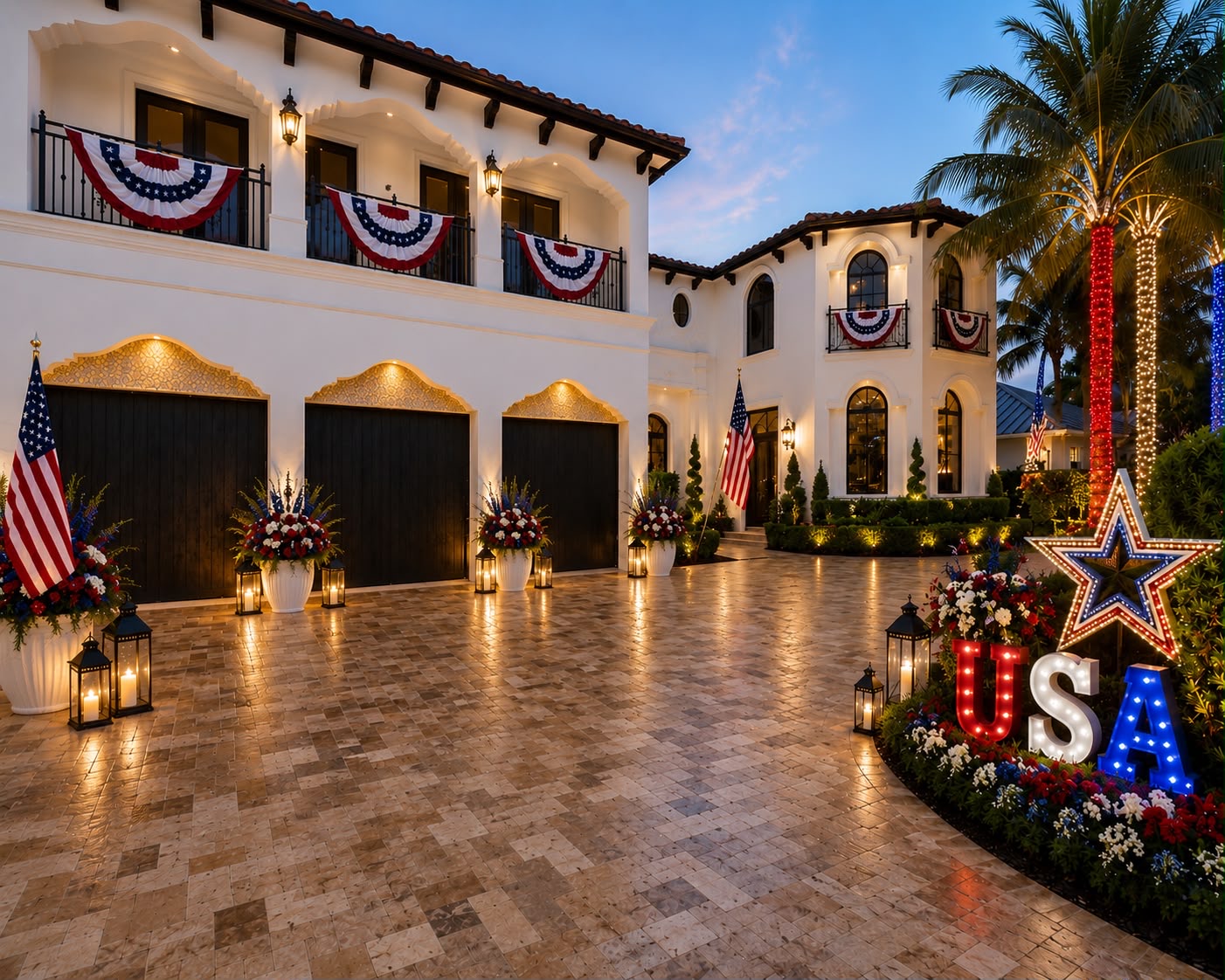 Driveway at dusk with lanterns, flags and lit USA letters