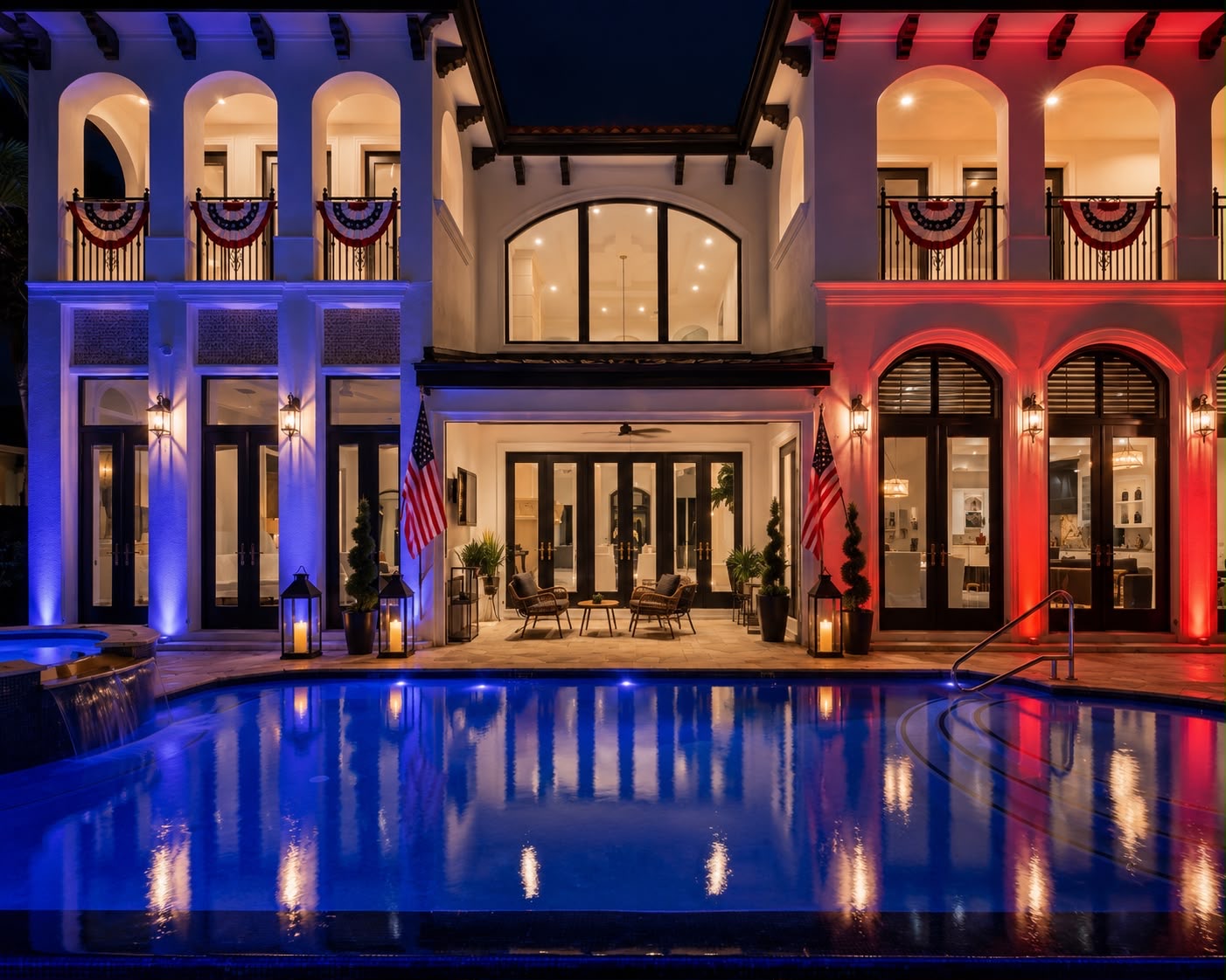 House facade over the pool at night, lit in red and blue