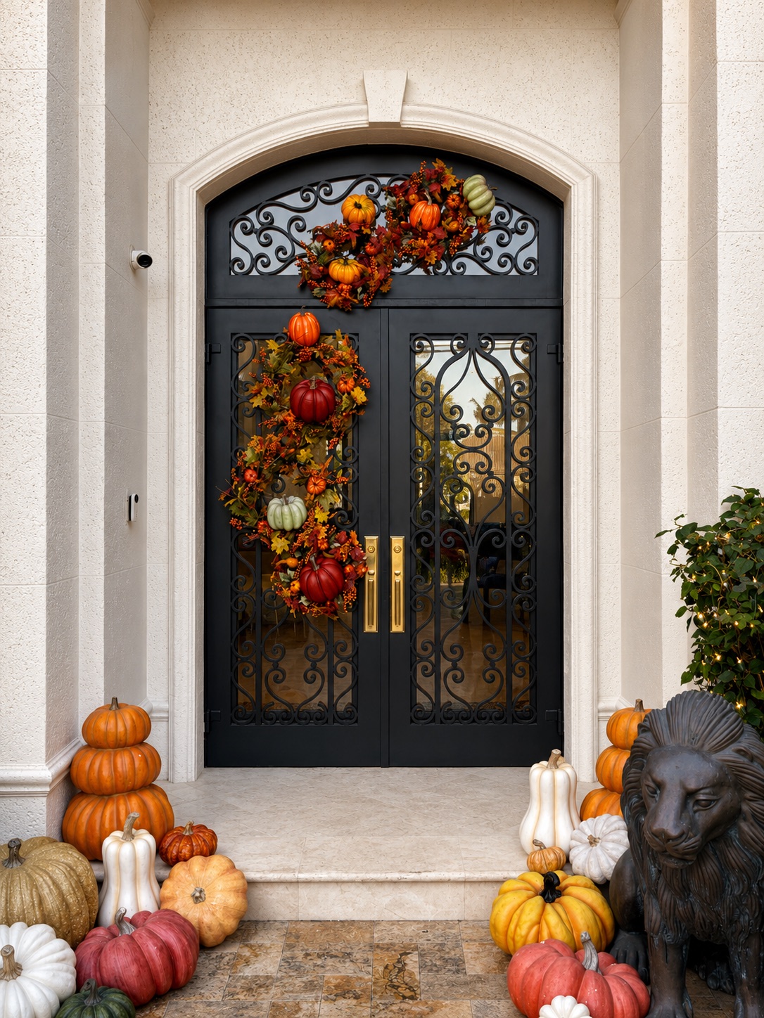 Wrought-iron front door with a garland of pumpkins and a stone lion