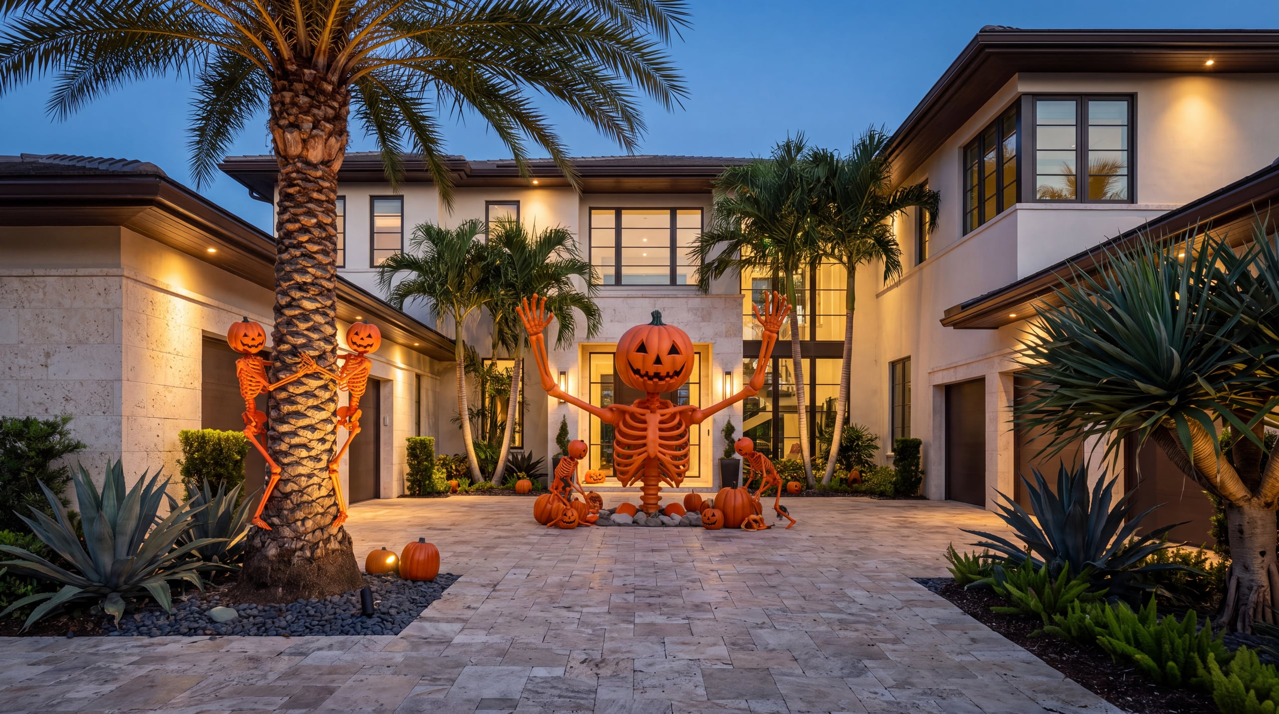 A Fort Lauderdale courtyard dressed for Halloween at dusk