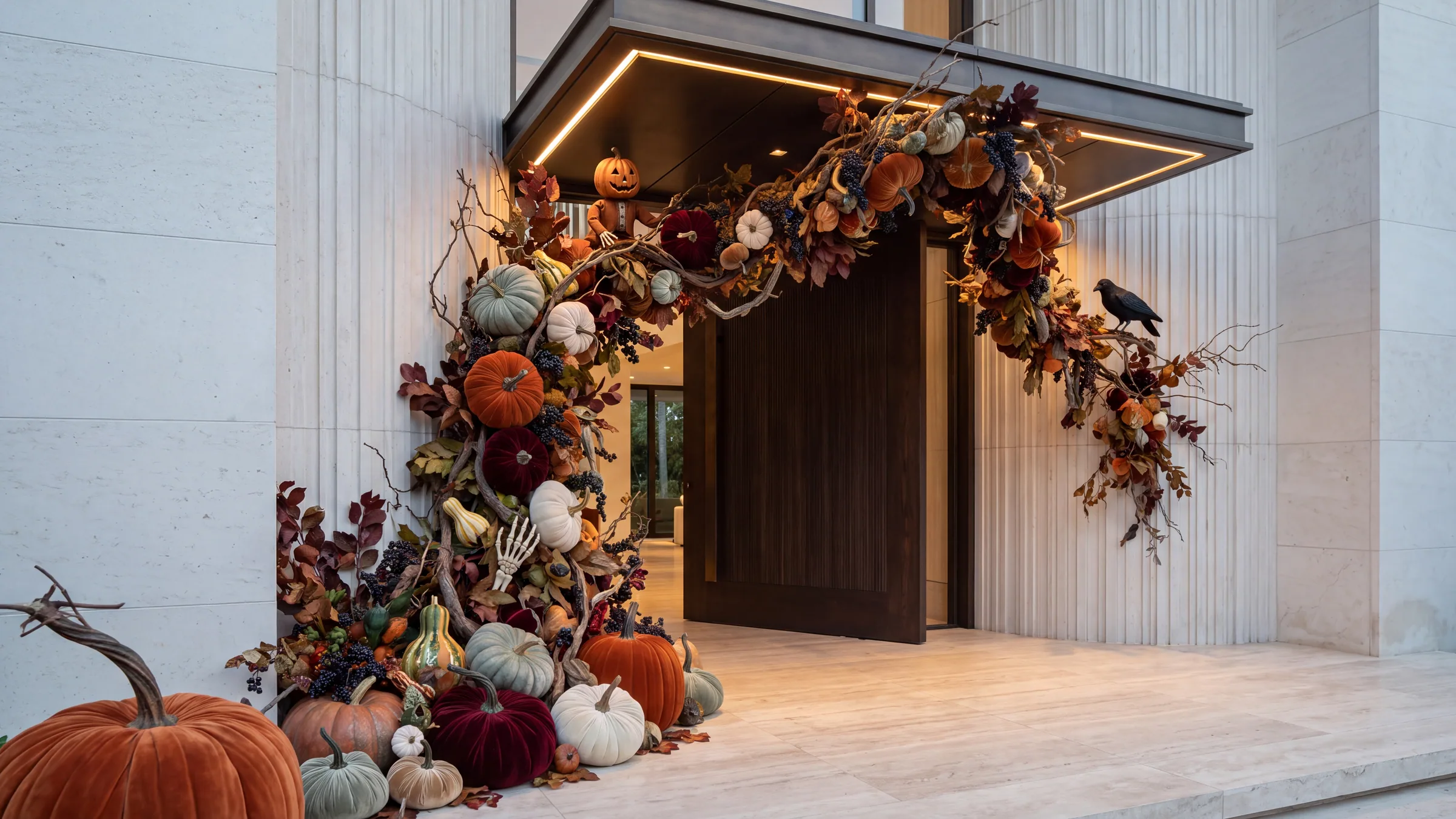 The finished entrance at dusk, the garland lit over the door