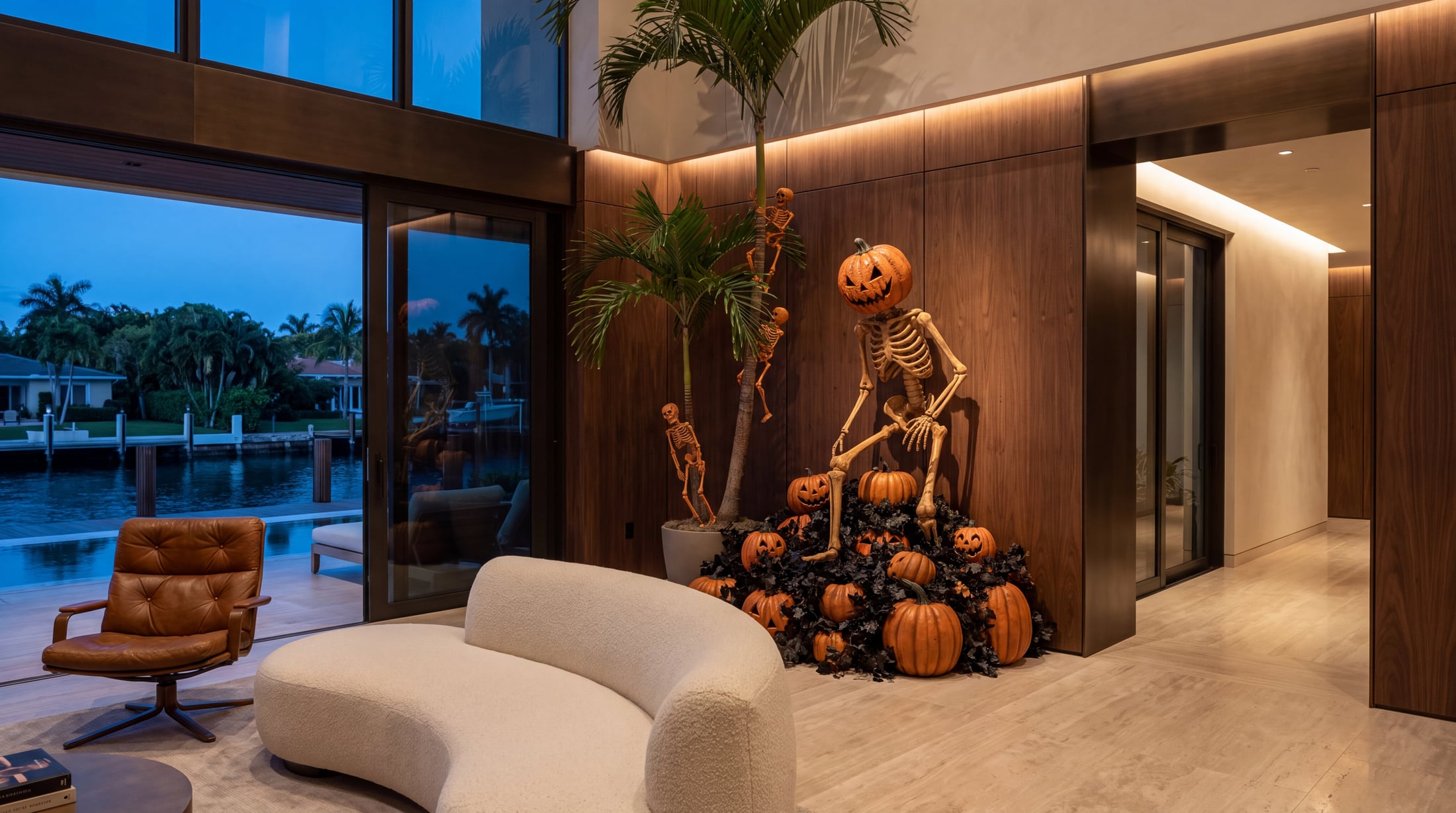 A living room open to the pool at dusk, with a skeleton seated on a pile of pumpkins